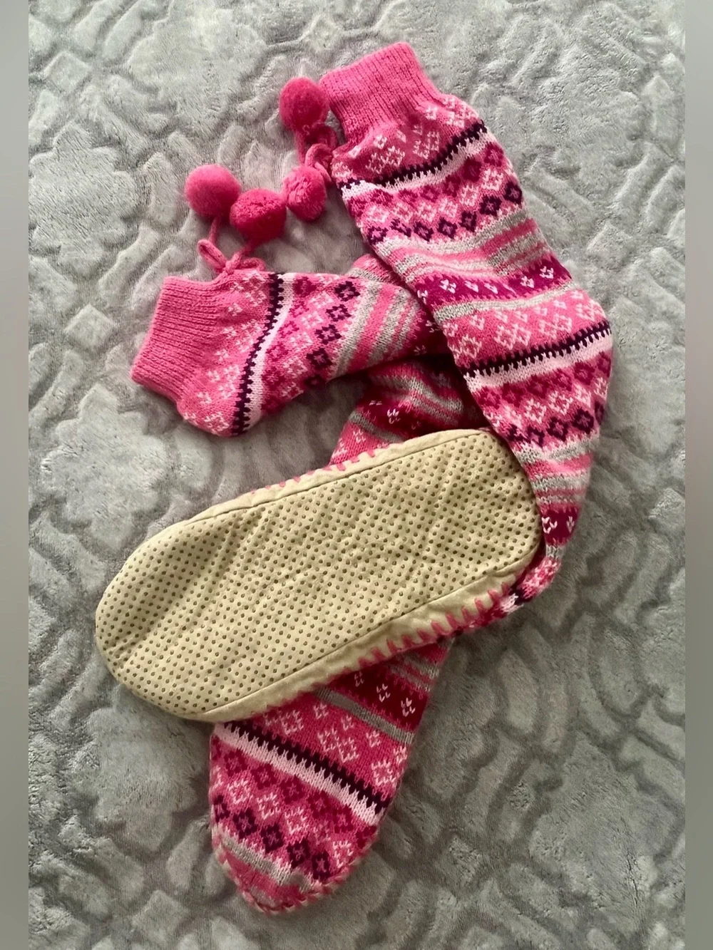💕 Pink Fair Isle Knit Slipper Socks with Pom Poms NWOT